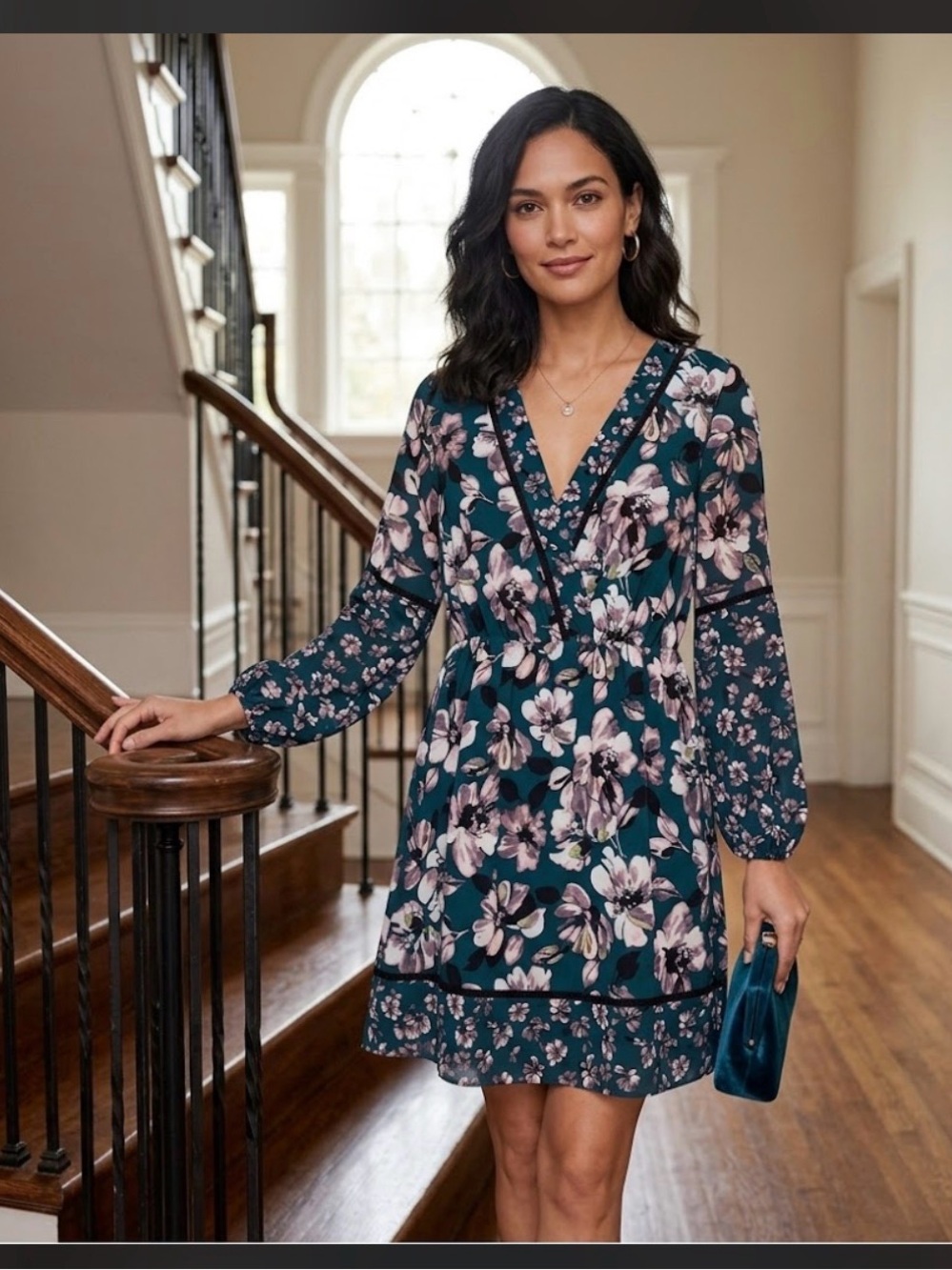 Eliza J Teal Dress with Floral Accents